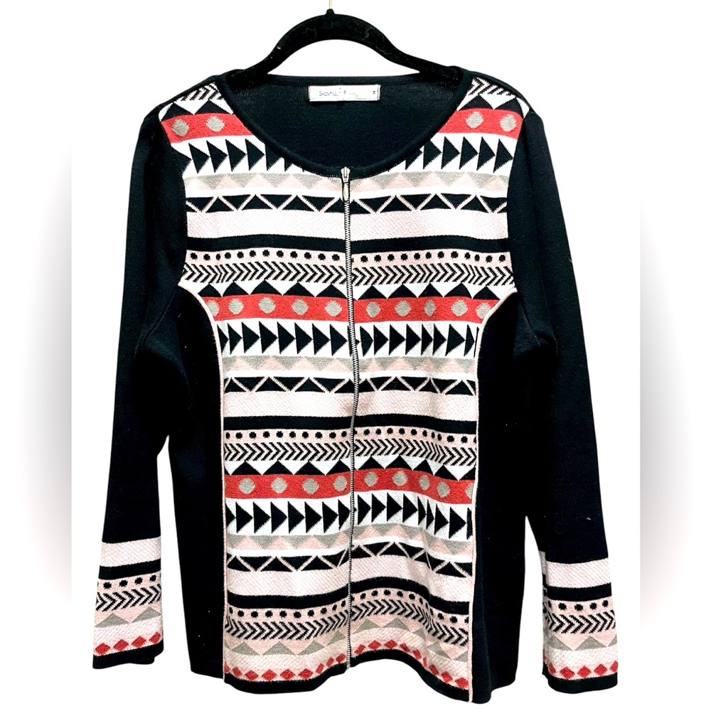 Skovhuus Women’s Front Zip Ski Sweater In Pink Print Front/Black Back Sz M
